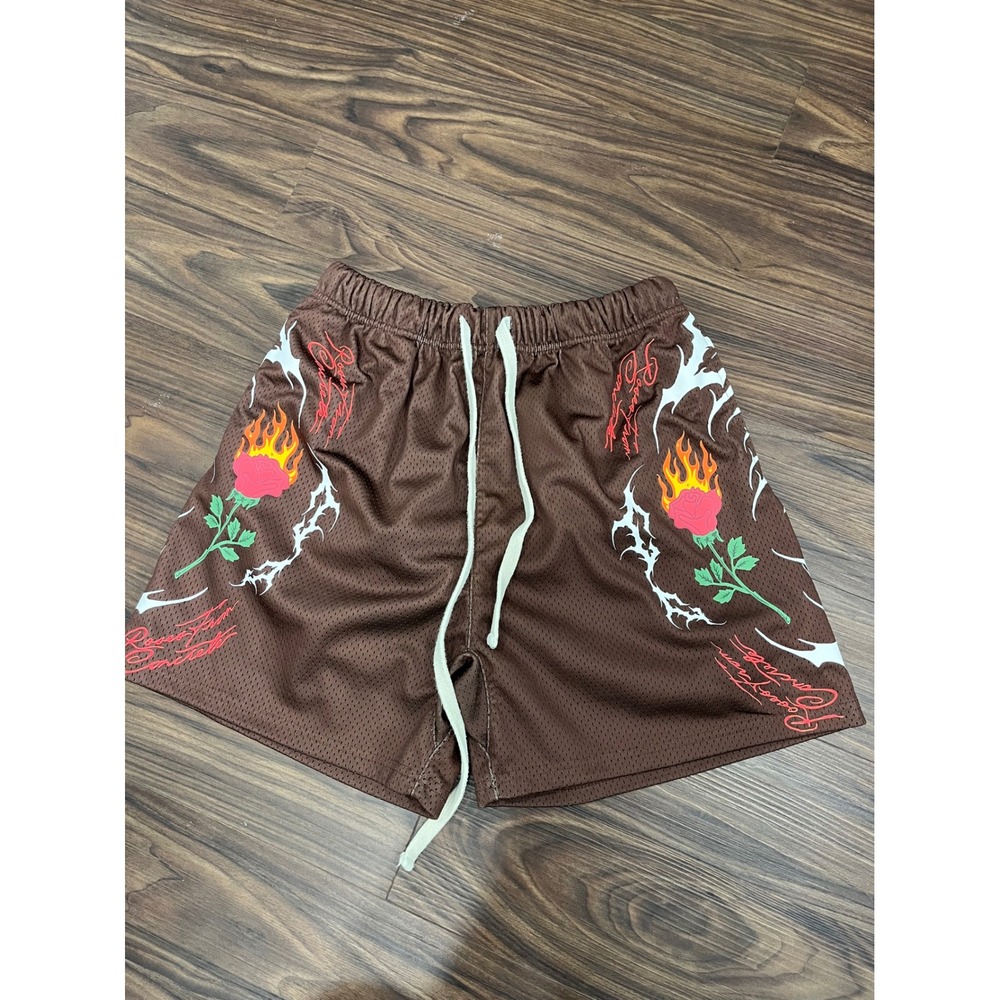Civil Regime‎ Mens Brown Graphic Mesh Basketball Shorts Flaming Rose Medium
